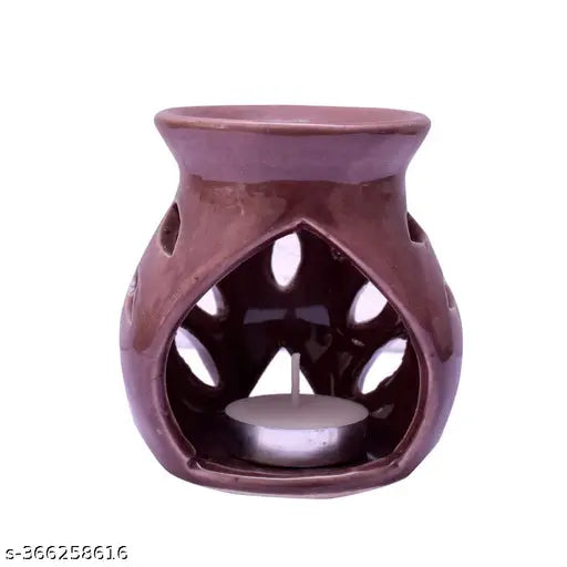 Peepal Print Air Freshener Home decor Brown Ceramic Clay Candle Operated Aroma Oil Burner ( With 2 Tlight Candle,1 Lavender Aroma Oil free 10ml ) It Can Be Use Warm Candle Light,Fragrance Or Gifting Purpose )
