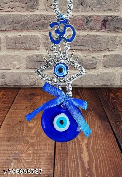 Hindcraft Wall Hanging Decor – Metal Om Design Evil Eye Wall Hanging with Blue Pendant | Spiritual Protection Amulet for Home, Office, Car | Lucky Charm & Wind Chimes for Positive Energy
