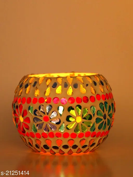 Hand Decorated Mosaic Glass Candle Tea Light Holder For Colorful Magical Lighting Effects, (Set Of 2)