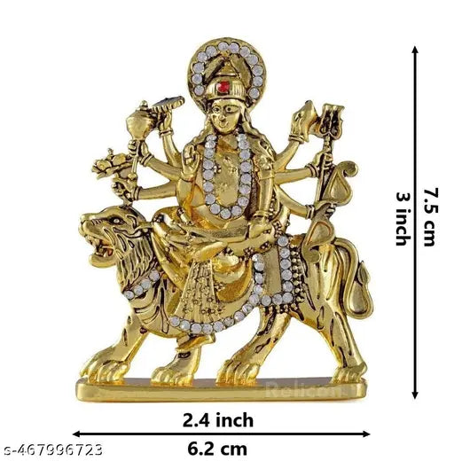 Relicon Goddess Maa Durga Sherawali MATA Idol on Lion (B-69) Antique Gold Metal Statue for Car Dashboard | Home Décor | Mandir Pooja Murti |Temple Puja | Office Table Showpiece (L*B*H-- 2.4 x 0.2 x 3 Inches)