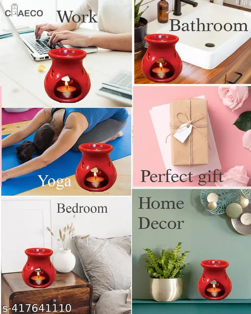 CHEECO Oil Burner Candle Diffuser for Home Fragrance, with 1 T-Light & 2 10 ml Aroma Oil-Fragrance Lemon Grass & Lavender (Red Diffuser Pot)