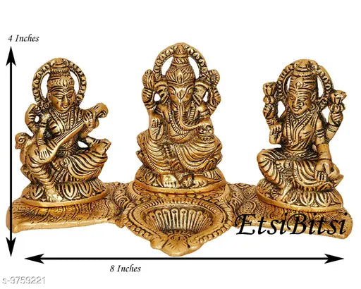 Laxmi Ganesh Saraswati Idol Showpiece Oil Lamp | Diya | Deepak | Deepam | Metal Statue Sculpture