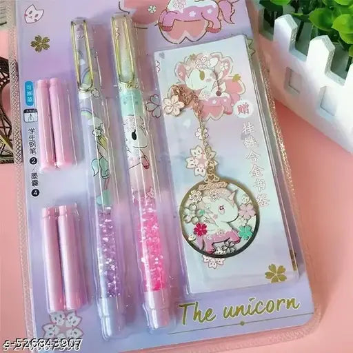 Kawaii Fountain Pen for Students, Unicorn Fountain Pen Set for School & Office, Kawaii Stationary Gift for Kids ,Quick Sand Fountain Pen Set(2 Pens, 4 Refills and 1 Bookmark)- Multi
