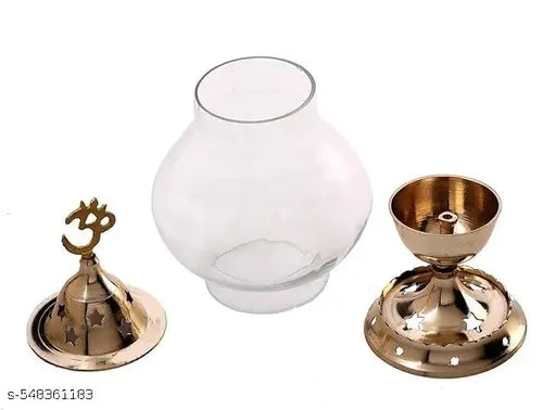 SriMaa Ventures Decorative Brass Akhand Diya with Om Carving and Protective Glass Cover | Curved Ideal Oil Lamp/Diya/Deepak for Meditation Spaces, Temple Shelves, Indian Festivals, Diwali Festivals, Home Worship