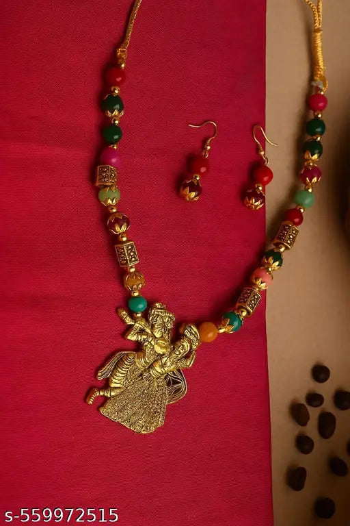 Handcrafted Devotional Jewelry Set with EarringsColorful Beaded Necklace Set with Mythological Pendant