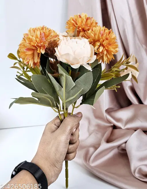 PRAJNA 1 Bunch Artificial Dahlia Peony Flowers for Home Decor, Gifting, Office, Living Room, Bedroom, Event, Birthday, Festival, flower decoration, functions, Wedding Decoration Items, valentine Decoration (without Vase Pot) (Orange)