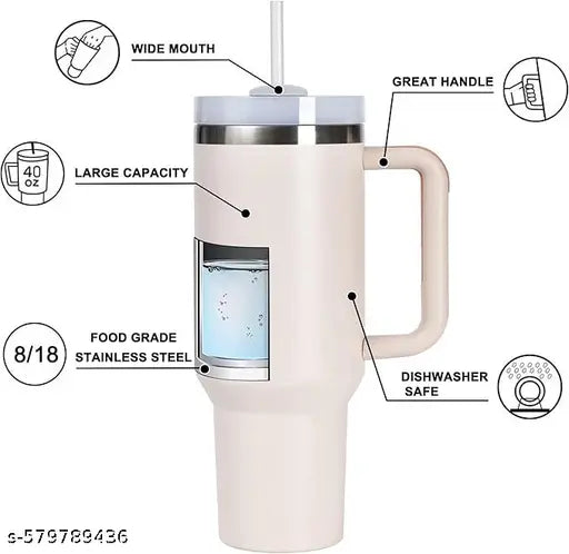 1200ML Stainless Steel Tumbler Hot and Cold with Handle and Lid 2 Straw, Double Insulated Cup Leak Proof Mug Cupholder for Gym, Travelling (Purple)