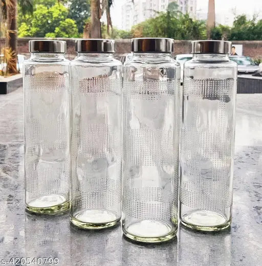 Fancy Glass Water Bottle 750ml with Leak-Proof Stainless Steel Lid for Water, Smoothie, Juices - Reusable Travel Glass Drinking Fridge Bottles Pack of 4