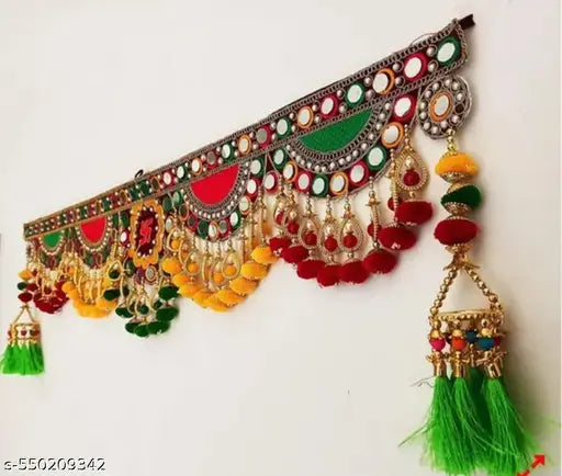 Wall Hanging Handmade Toran with attached Latkan, Multi Zula Bandhanwal, Design Patchwork Toran for Main Door , Pooja, Festival, Wedding and Home Decor, 3 Ft