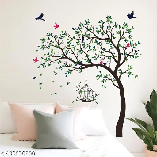 Decal O Decal 175 cm Green And Blue Twin Colours Leaves Tree With Birds Cage Self Adhesive Wall Sticker