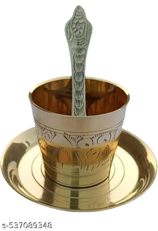 Brass Antique Panchpatra Set with Achamani & Thali | Indian Traditional Handcraft Panchpatra with Spoon & Plate for Pooja, Temple, Diwali (4cm)