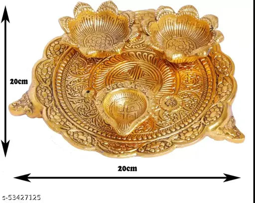 Pooja Thali With 3 Diya For Home,Temple,Office And Gifting Purpose Size Metal L-B-H-18x18x4 cm