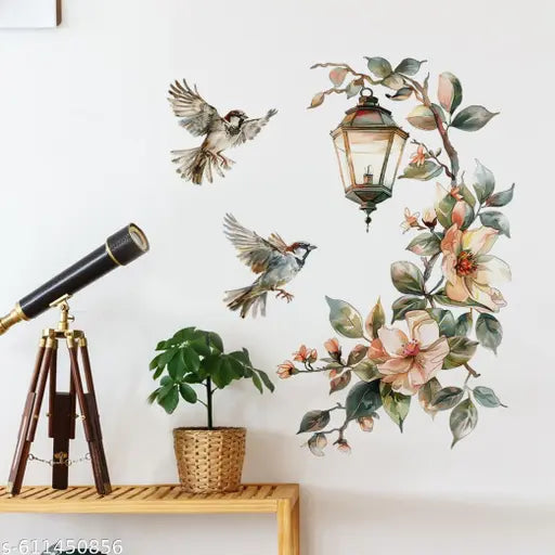 Nisha Tredars  “Flying Sparrows with Floral Lantern Decor” wallsticker