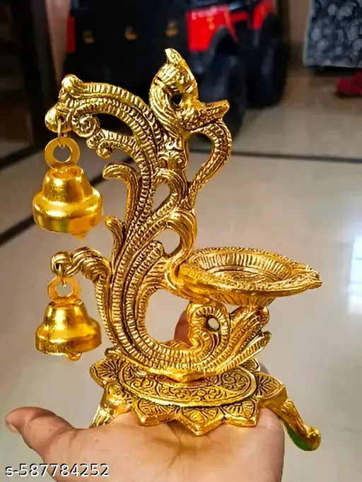 Golden Set of 2 - Peacock Design Metal Swastik Diya