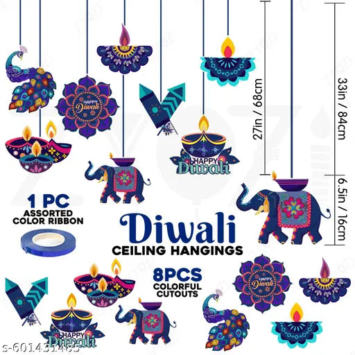 Zyozi® Diwali Decorations Ceiling Hanging, Traditional Festive Mandala Design, Colourful Diya and Elephant Cutouts, Deepavali Decorations Item (Pack of 9)
