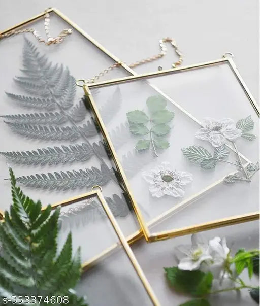 IAC Crafteriaaa Vintage Glass Hanging Photo Frame For Wall Decor (8x6 inch) | Transparent Glass and Brass Metal Hanging Pressed Flower Photo Frame For Wall