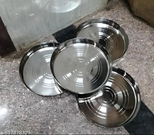 Stainless Steel Classic Solid Thali Set of 4, Heavy Gauge Mirror Finish Royal Dinner, Lunch Plate, Food Grade Serving Plates – 24cm Diameter