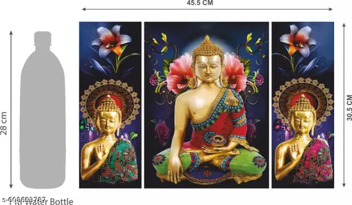 Karni Presents Lord Buddha Set of 3 Wall Painting For Home Decor | Gift Items | Photo Frame- Self Adhesive (12'Inch x 18'Inch), WH-JM37