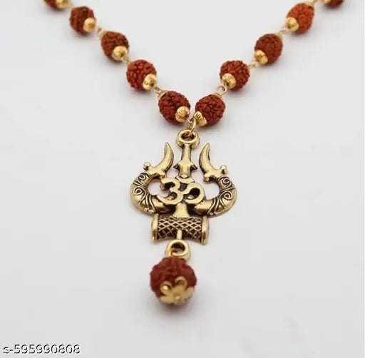 Golden Plated Rudraksha Mala with Trishul Pendant | Lord Shiva Cap Rudraksha Necklace for Men & Boys | Spiritual & Traditional Mala