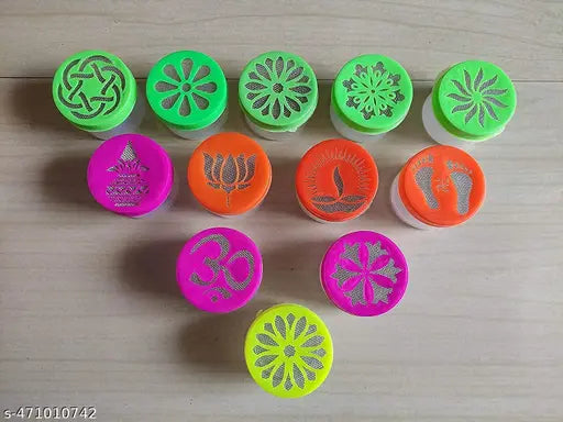 Rangoli Stamp Filler Set of 12 pcs | Rangoli Dabbi| Rangoli Making Kit | Rangoli Stencils (Om, Swastik, Lotus, Diya, Charan and Flower designs) for Indoor/Outdoor Decorative Rangoli