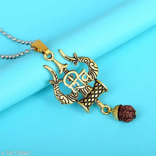 RN Antique Plated Brass, Lord Shiv trishul with Shiva Rudraksha Pendant Locket Necklace for Men and women