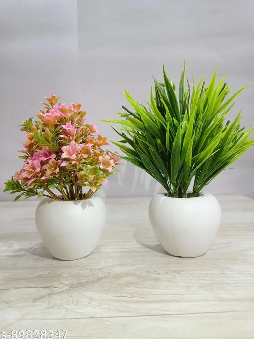 Skinshine Artificial Beautiful Flower Plants with Pot for Home Decor Washroom and Office Decor Christmas Diwali and Festive Decoration Pack of 2 (Pink, Green)