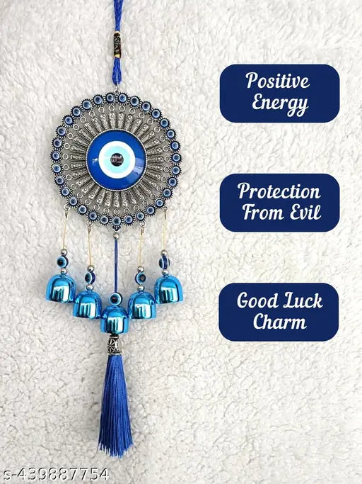 JHAJHRIYA 5 Bells Wind Chimes Elevate Your Home with Positive Energy, Evil Eye Hanging for Home, Office Hanging Decorative Items for Home AND OFFICE(Blue)