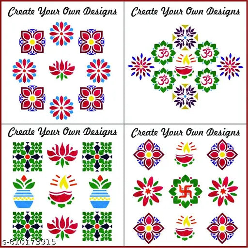 WallArts Diwali Rangoli Stencil Designs Set of 12 Pieces 4x4 Inch, MDF Rangoli Making Tools for Home Floor Decor, Navratri Festival Decoration, (SM63)