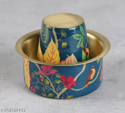 I M HANDICRAFT Presented The Brass Coffee Dabara set of 1 Tumbler & 1 Dawara Enemal Printed Design Jungle Safari Blue Theme South Indian Coffee Style
