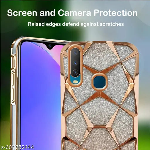 Glitter Case Compatible for Vivo Y17 Luxury Electroplated 3D Cube,  Bling Shiny Soft TPU Clear Shockproof Women & Teen Girls Protective Phone Cover (GOLD)