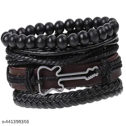 4pcs Per Set Multistrand Genuine Leather with Guitar Charm Leather Bracelet for Men & Boys Music Lover (Multi-Color)