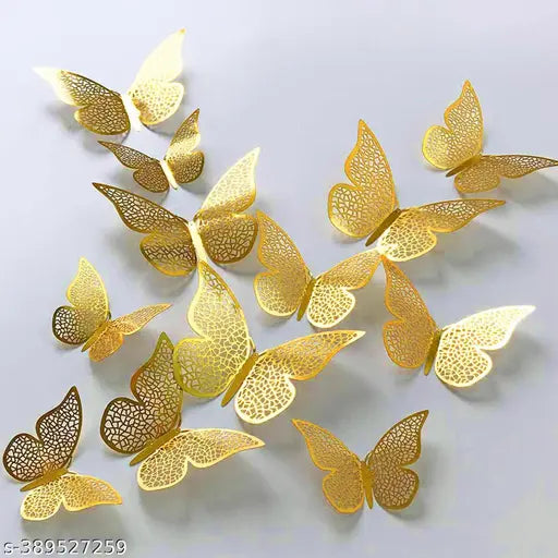 12pcs 3D Gorgeous Shiny Gold Butterflys Stickers with Sticking Pads- (Golden, Set of 12)