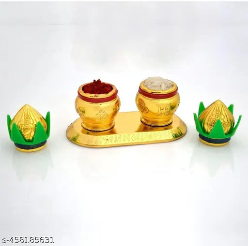 Kumkum Roli Chawal Dani Haldi Chandan Holder in Double Dibbi Kalash Chopda for  Decorative Purpose Gold finish Kalash Kumkum Holder For Pooja, Gifting, Mandir, Home, Office, Temple, Kumkum Dani