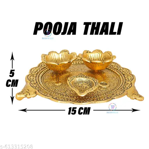 Brass Golden Metal Pooja Thali with Kumkum & Rice Holders | Designer Puja Plate for Mandir Decoration | Traditional Religious Gift Item for Diwali Festivals & Rituals