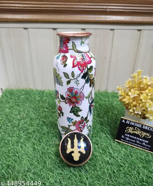 750ml Pure Copper 10'' Water Bottle For Drinking – 34 Oz – Ayurvedic Pure Copper Flower Design Meena Water Bottles For Drinking More Water - Leak Proof Heavy Duty Copper Vessel 100% Leak Proof, For Home, Office, Gym Gift 10 inches