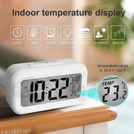 Digital Alarm Clock, Table Clock with Automatic Sensor, Date and Temperature Display, Compact Desk Clock for Students,Home, Office, Bedroom, Living Room,Home Decor, Corporate Use (White Digital)
