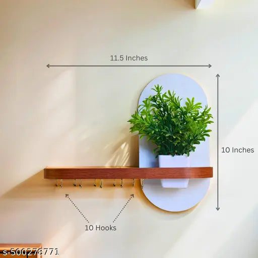 InoSlashed Engineered Wood Key Holder for Home | Wall Stylish Key Stand | Key Chain Holders for Wall | Key Hanger | Artificial Plant Pot Free 10 Hooks (Shelve Key Holder)
