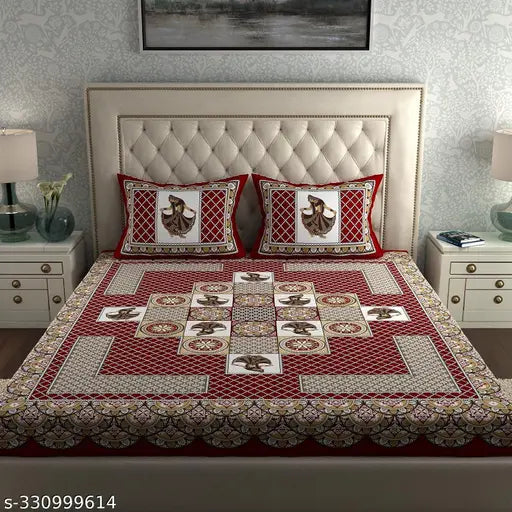 Pure Cotton Rajasthani Jaipuri Printed Double Bedsheet Size Bedsheet for Double Bed with 2 Pillow Cover- Red