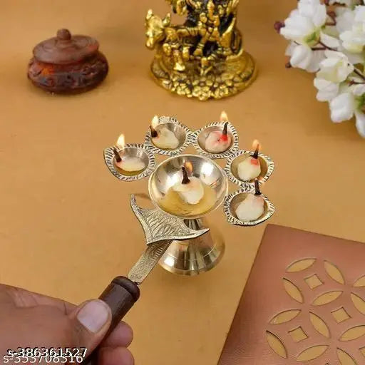 .ELITETOUCH  Pure Brass Engraved Pancharti Diya Oil Lamp  & Wooden Handle Pooja Dhoop|| Pancharti Akhand Diya Brass Puja Diya For Home Temple Puja.