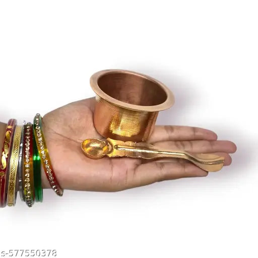 Copper Panchapatra and Spoon Set | Handcrafted Pooja Patra with Achamani Spoon | Traditional Puja Accessory
