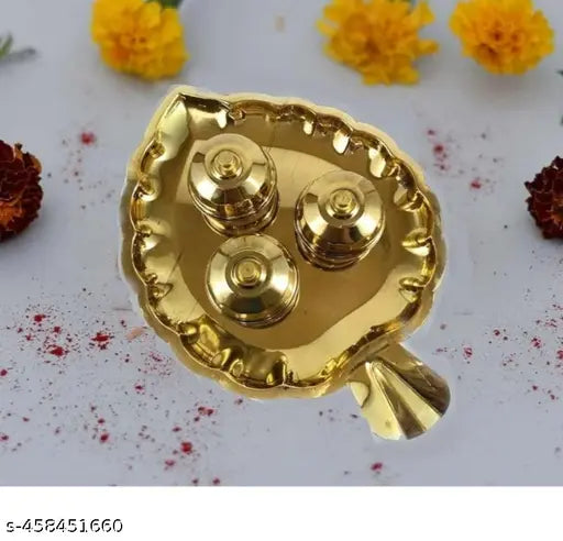 Brass Leaf Shaped Karanda Puja Rituals Roli Chawal Akshat Dibbi Chandan Chopala Puja Thali Set Elaichi Mishri Haldi Kumkum 3 Mug Holder,Kankavati for Home Temple pure Brass