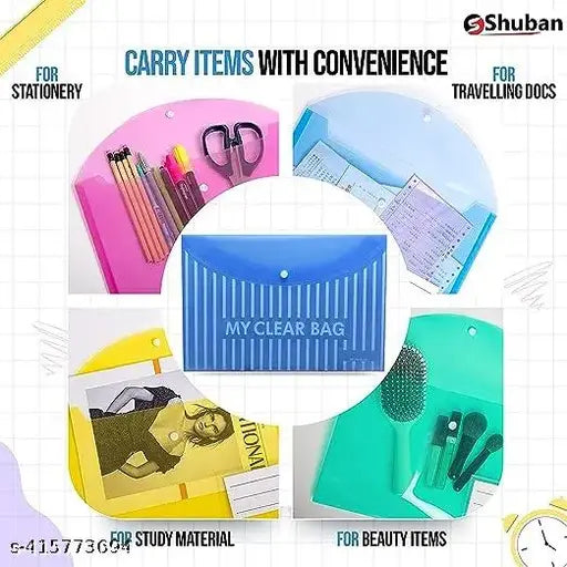 MCB A4/Legal Size Opening Pocket Document File My Clear Bag Snap Button Closure with Label Pocket for Home, Work Office Paper Stationary Organization (5 Pcs -Mix Color)