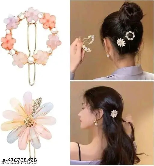 Pack of 4 Floral Crystal Hair Clip Korean Fancy Bling Pearl Resin Acrylic Hair Clips Rhinestone Bobby Pins Hair Slides for Women and Girls (Pack of 4 Floral Pin)