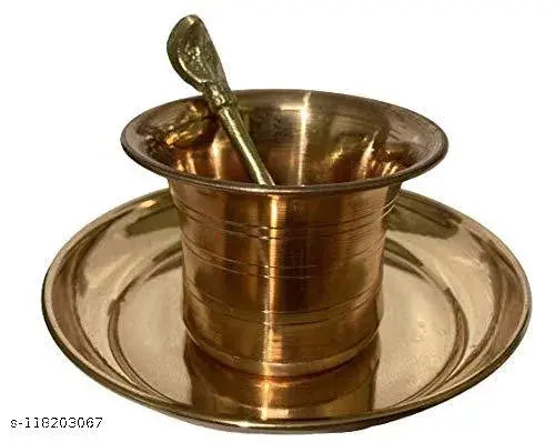 Panchpatra Pali (Achmani) with Plate Set in Copper for Puja NOTE: Naag Achmani is made up of PURE BRASS (Pital) Rest is in PURE COPPER (TAMBA) Medium Size For Daily use in PUJA HOME