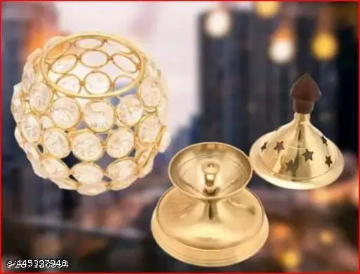 khand Diya Decorative Brass Oil Lamp, Tea Light Holder Lantern Oval Shape Diwali Gifts Home Decor Puja Lamp Akhand Diya | Oil Lamp Made of Brass & Crystals .