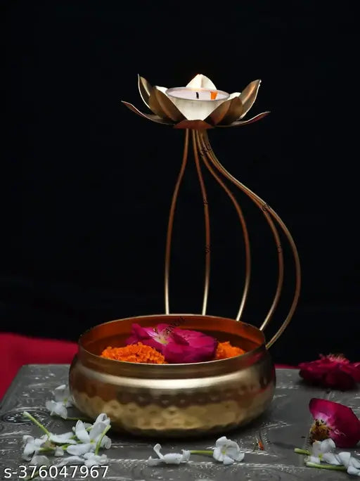 The Krafts Hub Metal  Tealight Candle Holder for Diwali Decoration Items with Base of Urli Bowl - Gold (Height 10 Inch), Diwali Gift Items
