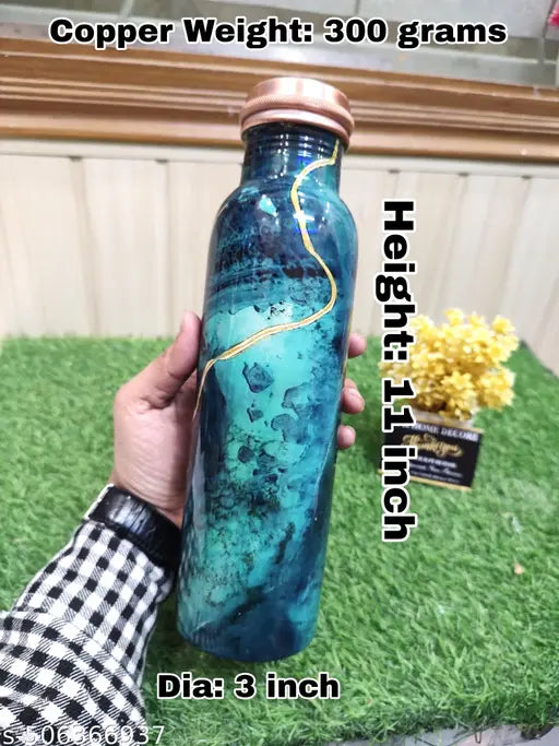 900ml Pure Copper Water Bottle For Drinking – 34 Oz – Ayurvedic Pure Copper Green Stone Design Meena Water Bottles For Drinking More Water - Leak Proof Heavy Duty Copper Vessel 100% Leak Proof, For Home, Office, Gym Gift