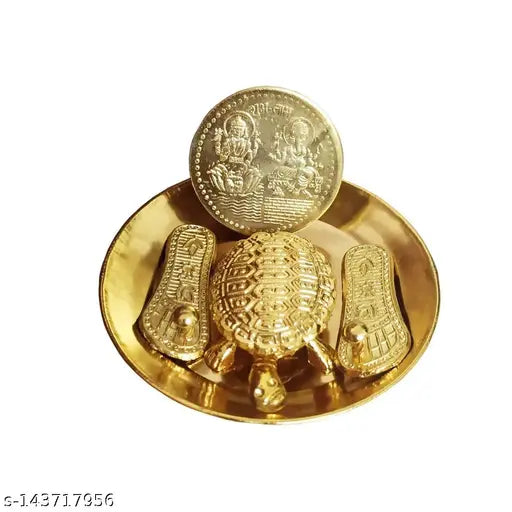 Laxmi Charan Paduka, Wish Fulfilling Tortoise, SHUBH LABH LAXMI Ganesh Pocket Coin on Plate, Fengshui, Diwali Auspicious Items Pooja Kit Brass...