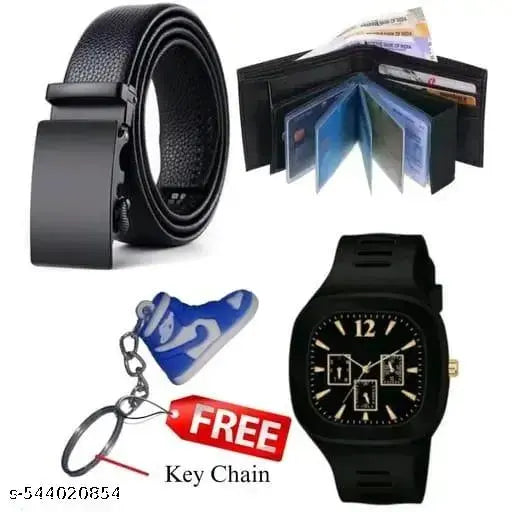 Stylish unique designer casual Man / boys black Leather belt purse wallet watch combo pack set of 4 pics for men boys
