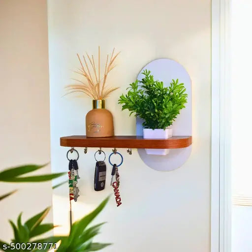 InoSlashed Engineered Wood Key Holder for Home | Wall Stylish Key Stand | Key Chain Holders for Wall | Key Hanger | Artificial Plant Pot Free 10 Hooks (Shelve Key Holder)